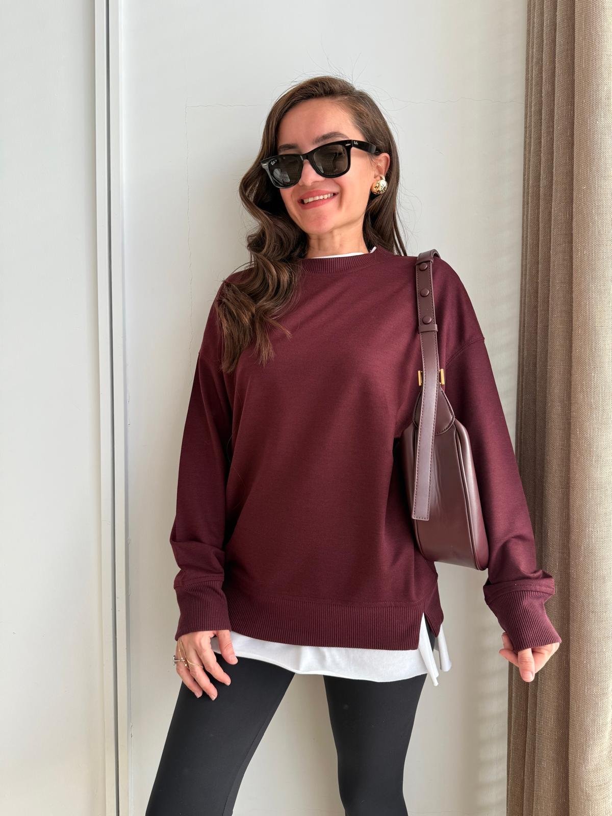 Bordo Basic İki İplik Sweatshirt 9002