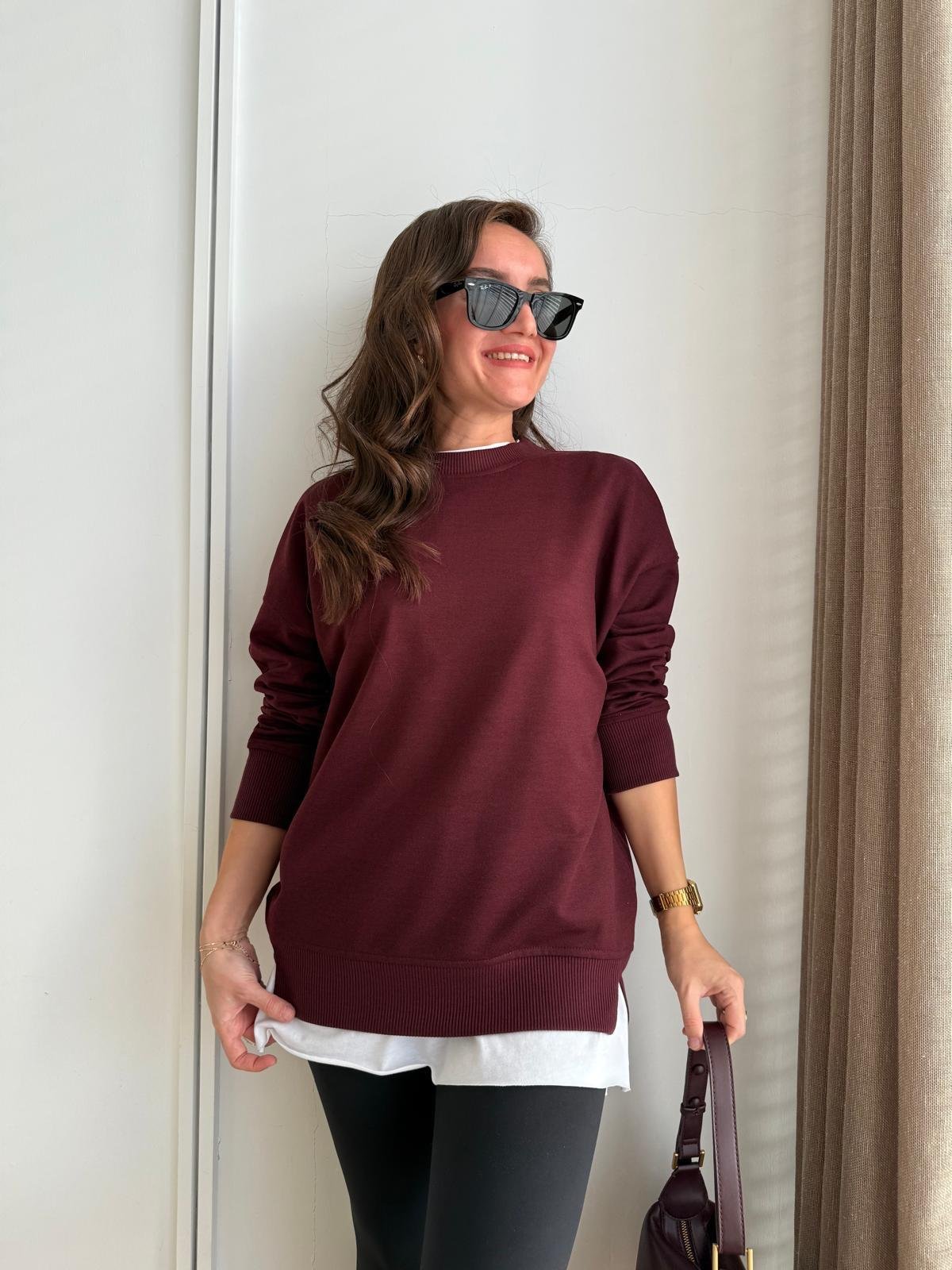 Bordo Basic İki İplik Sweatshirt 9002