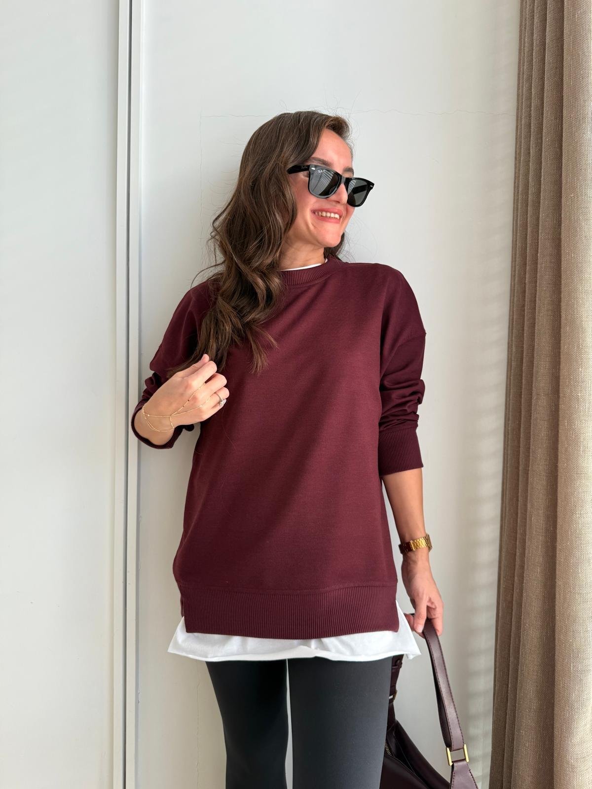 Bordo Basic İki İplik Sweatshirt 9002