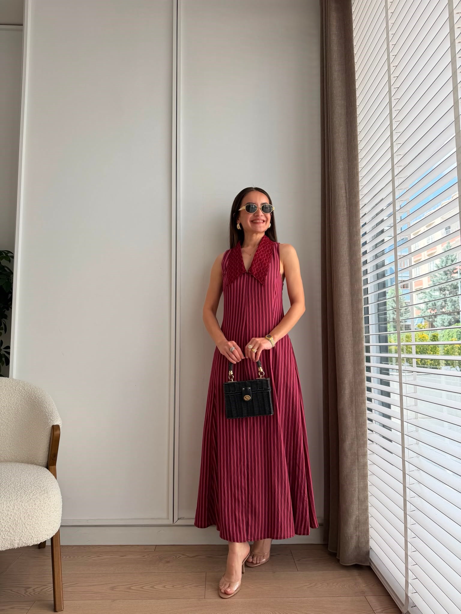 Bordo Bebe Yaka Garnili Çizgili Elbise 03067
