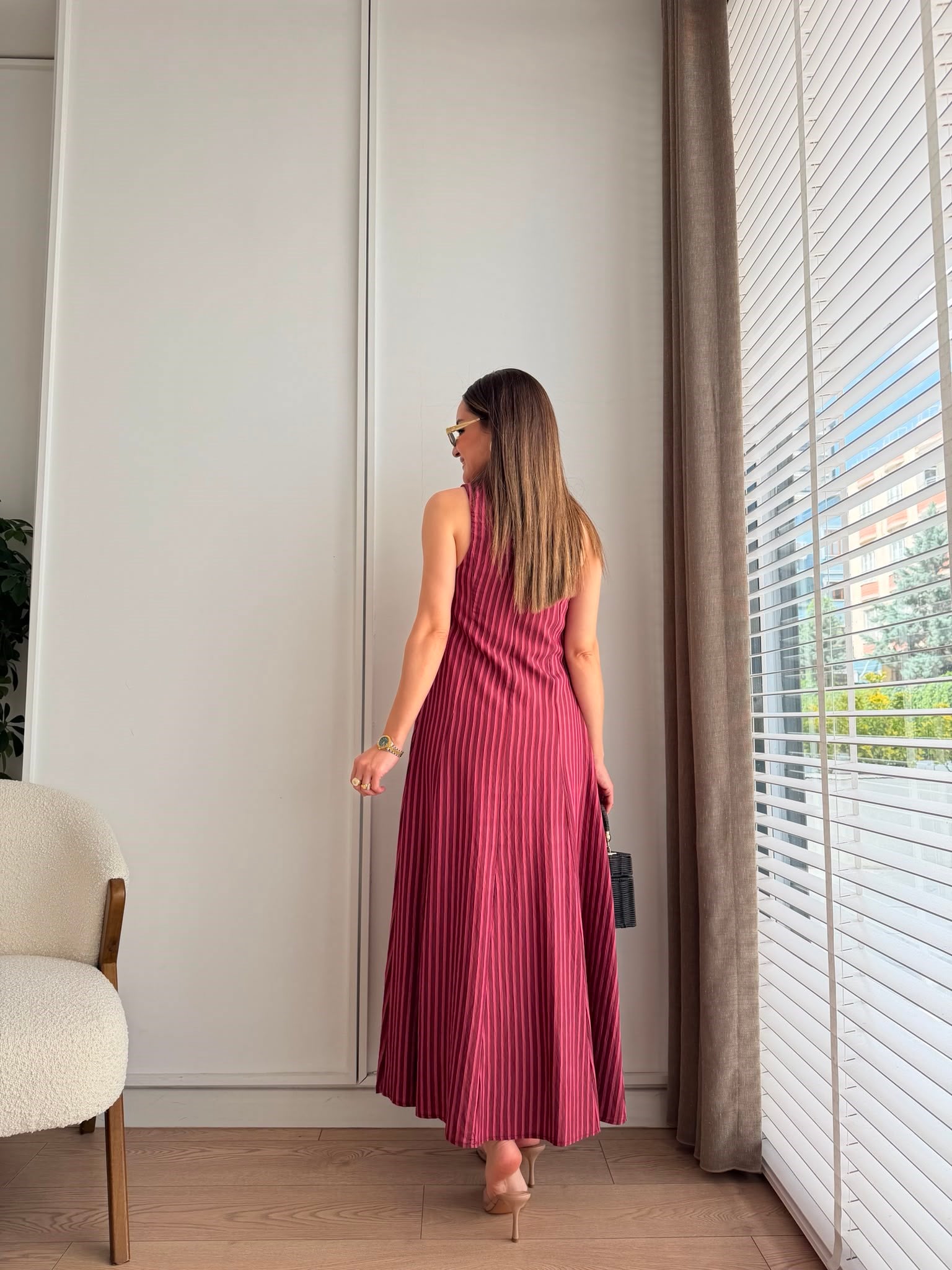 Bordo Bebe Yaka Garnili Çizgili Elbise 03067