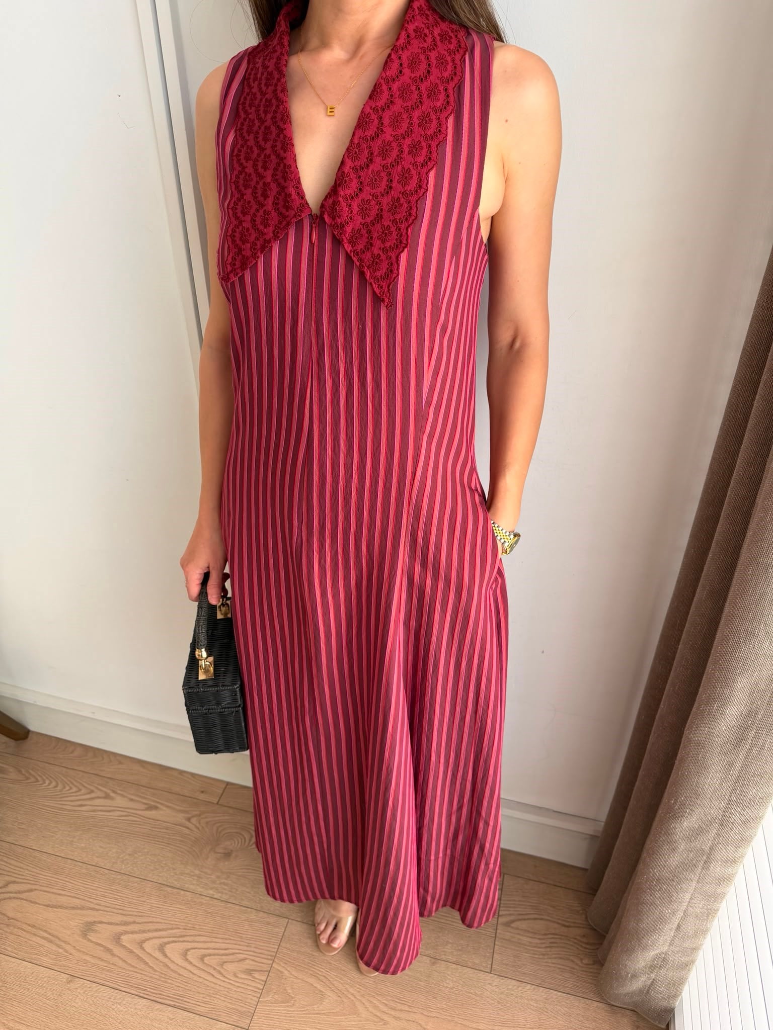 Bordo Bebe Yaka Garnili Çizgili Elbise 03067