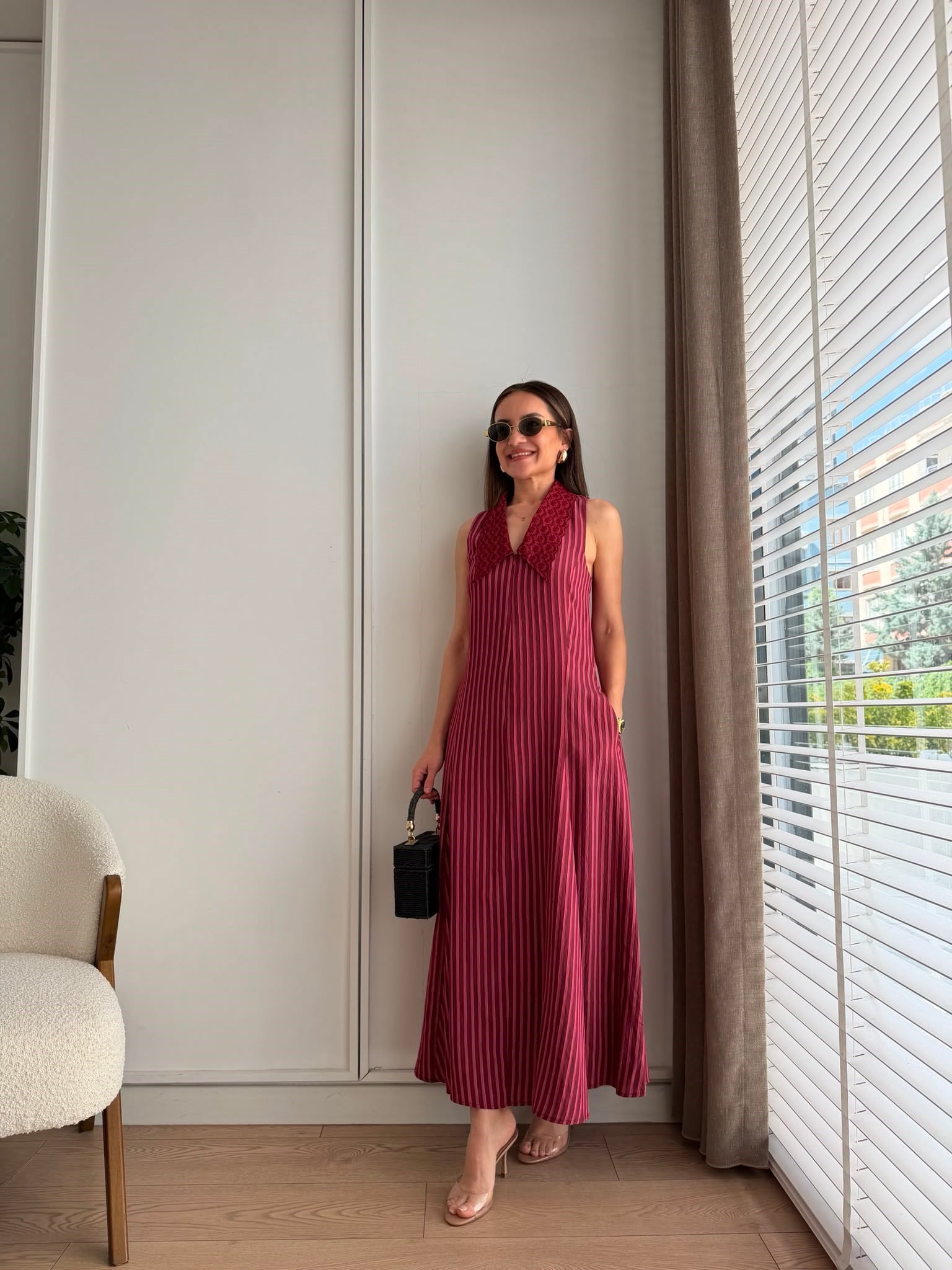 Bordo Bebe Yaka Garnili Çizgili Elbise 03067