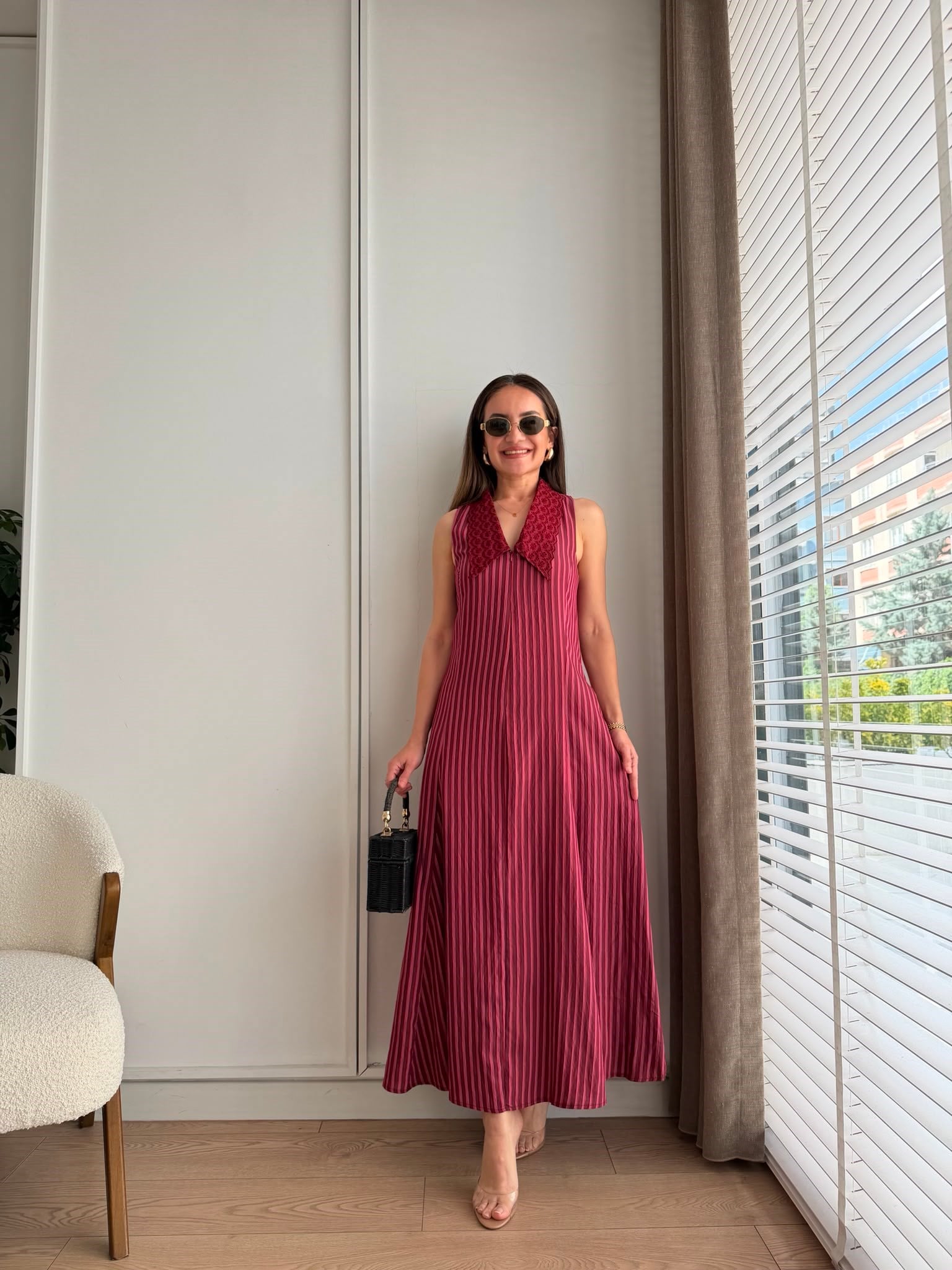 Bordo Bebe Yaka Garnili Çizgili Elbise 03067