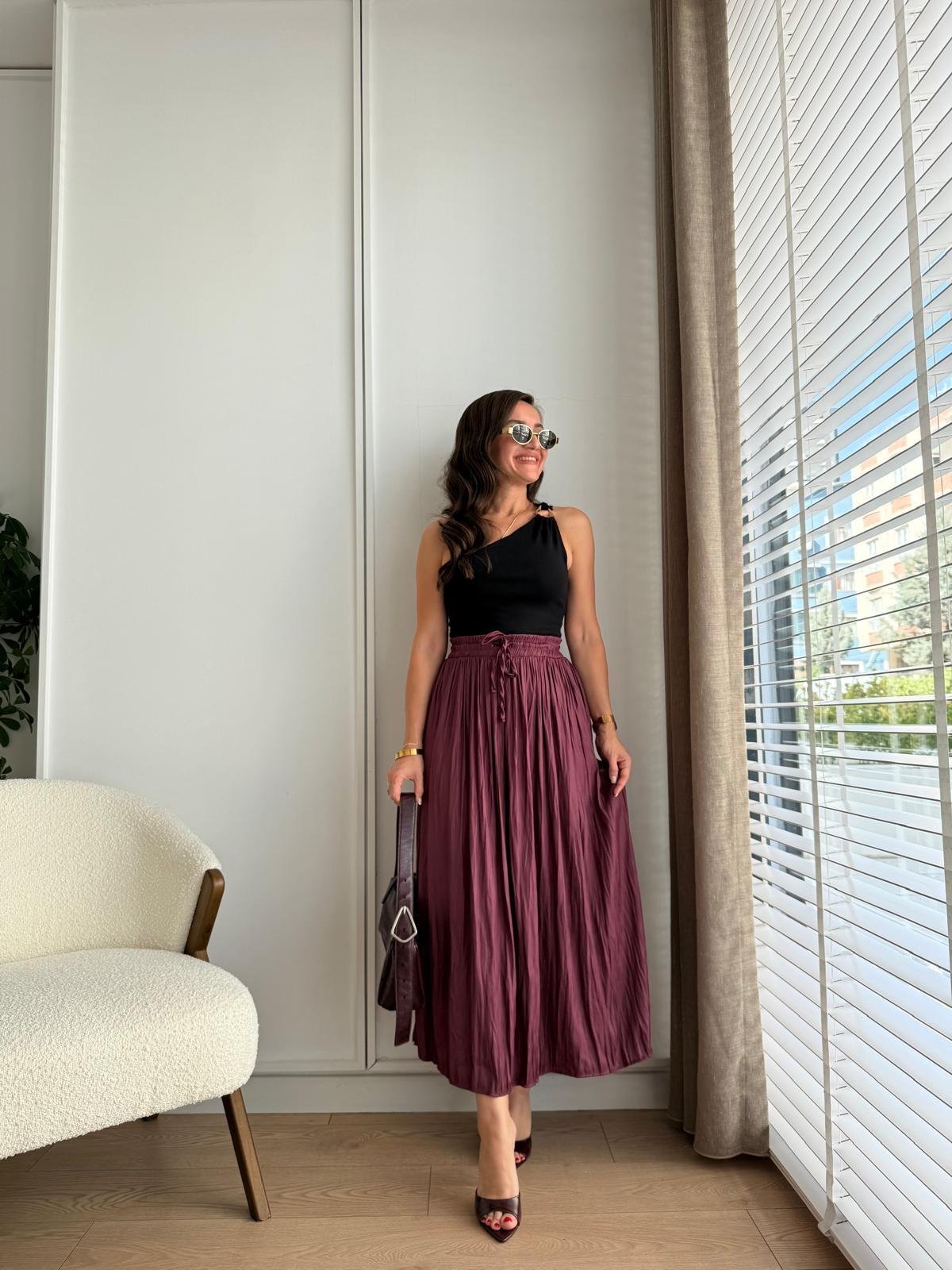 Bordo Bel Bağlamalı Chruslı Midi Boy Etek 02947