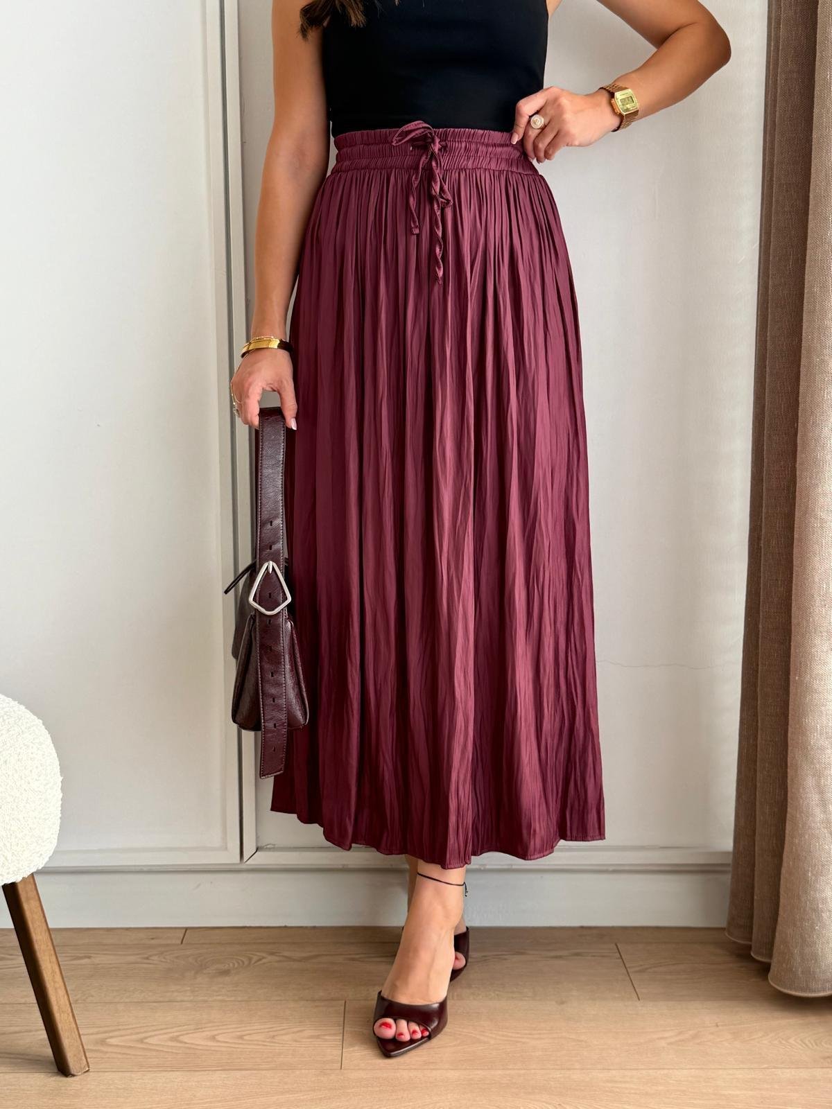 Bordo Bel Bağlamalı Chruslı Midi Boy Etek 02947