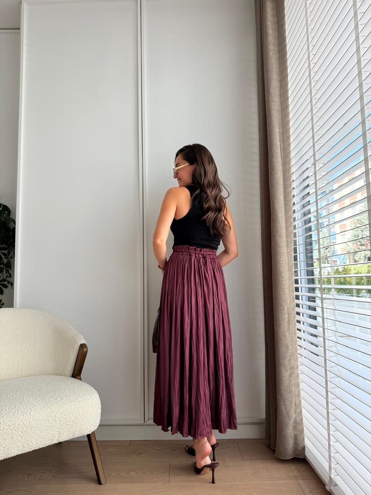 Bordo Bel Bağlamalı Chruslı Midi Boy Etek 02947