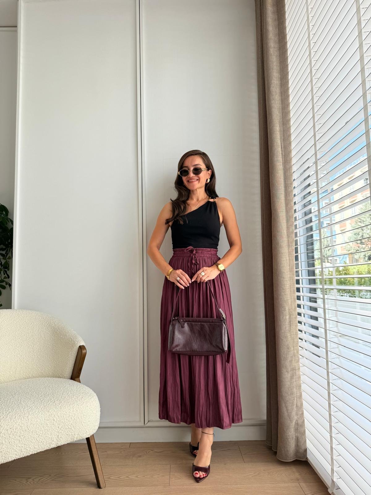 Bordo Bel Bağlamalı Chruslı Midi Boy Etek 02947