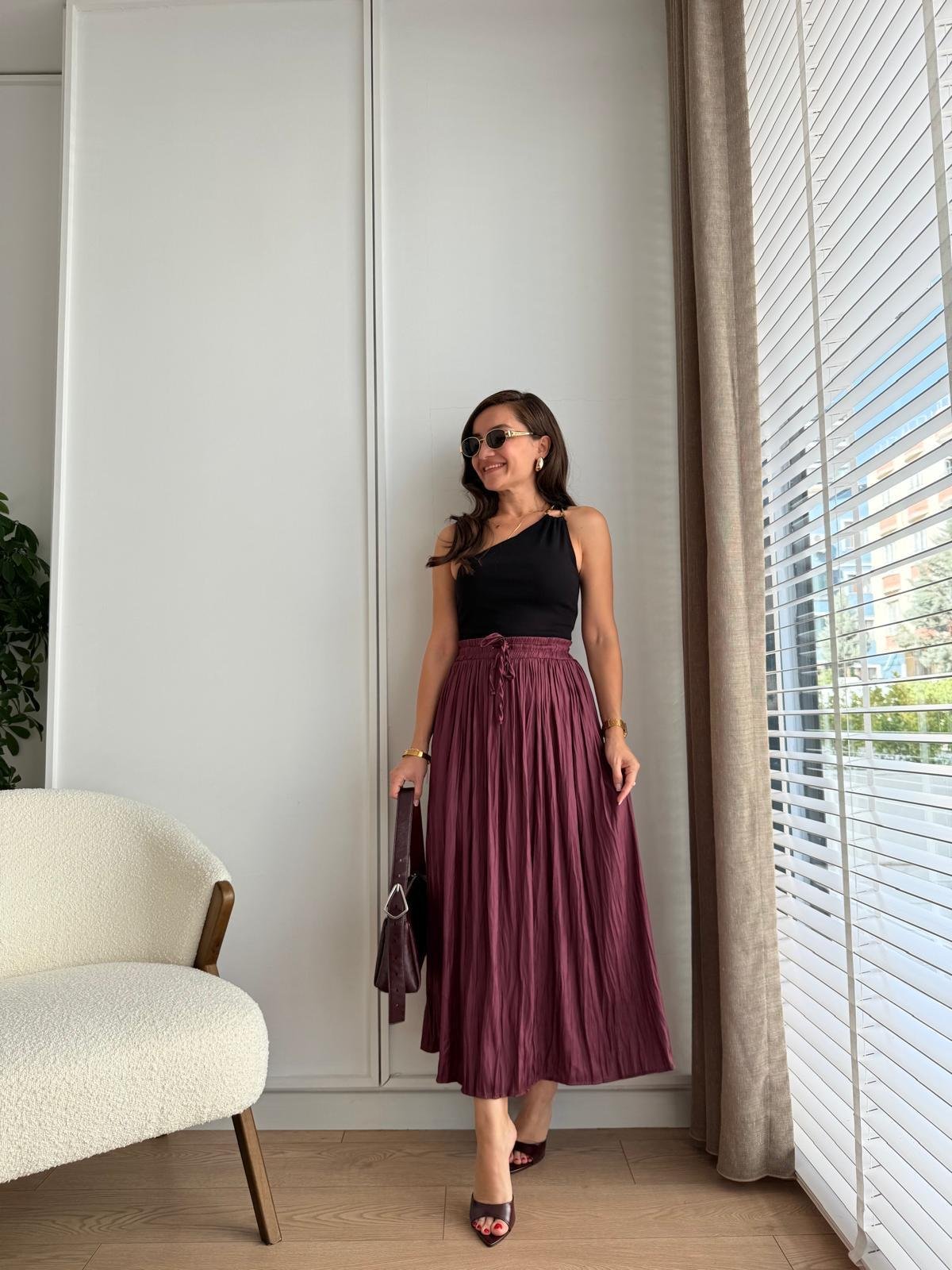 Bordo Bel Bağlamalı Chruslı Midi Boy Etek 02947