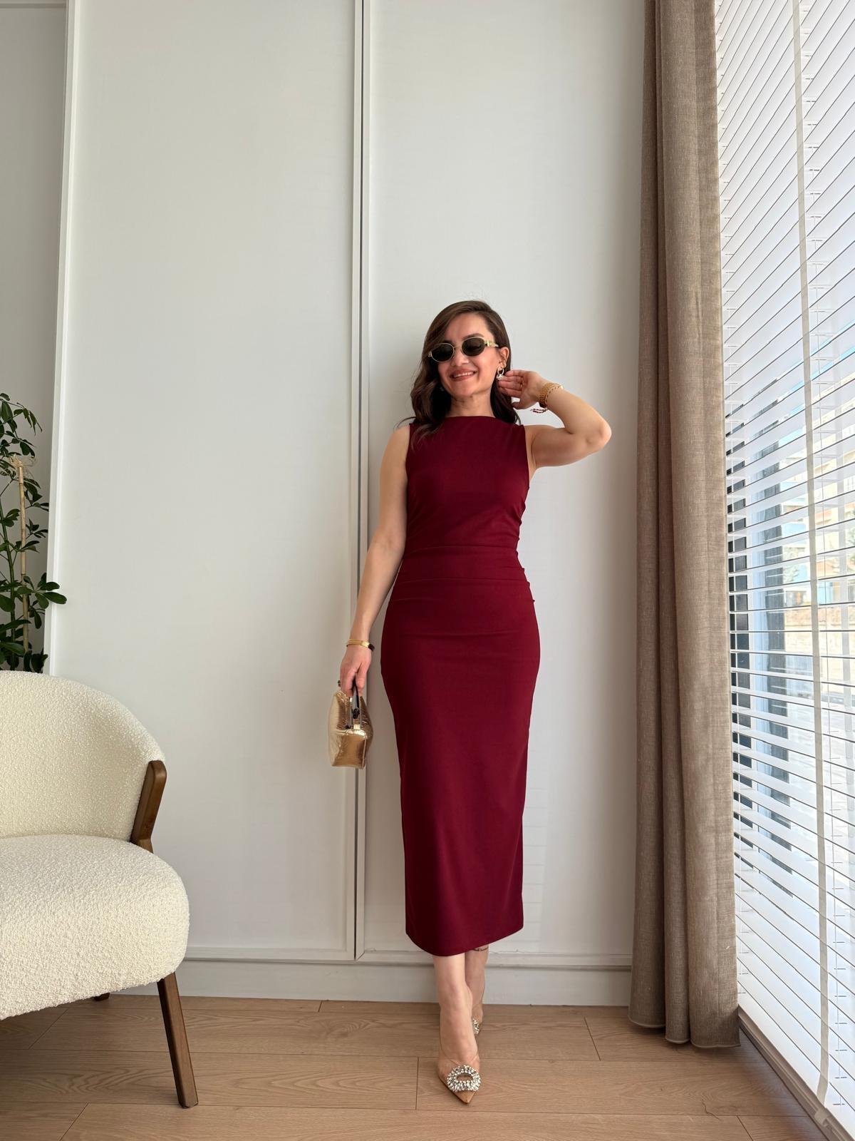 Bordo Bel Drape Detaylı Yırtmaçlı Elbise 1216