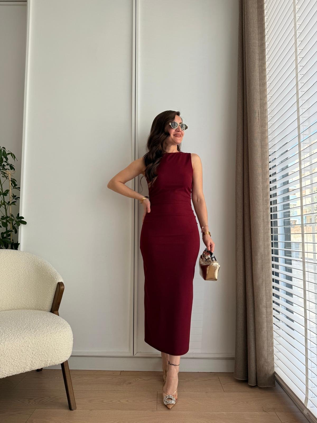 Bordo Bel Drape Detaylı Yırtmaçlı Elbise 1216