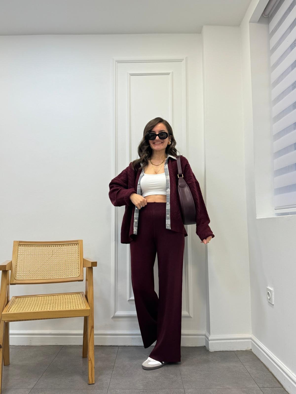 Bordo Beli Lastikli Salaş Triko Pantolon 5254