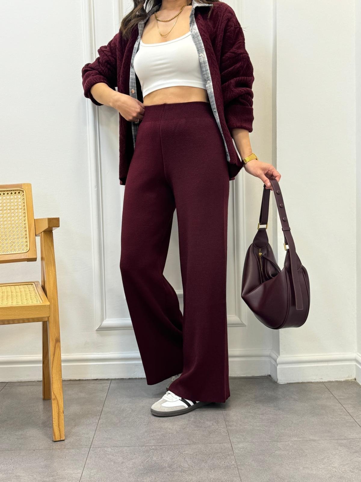 Bordo Beli Lastikli Salaş Triko Pantolon 5254
