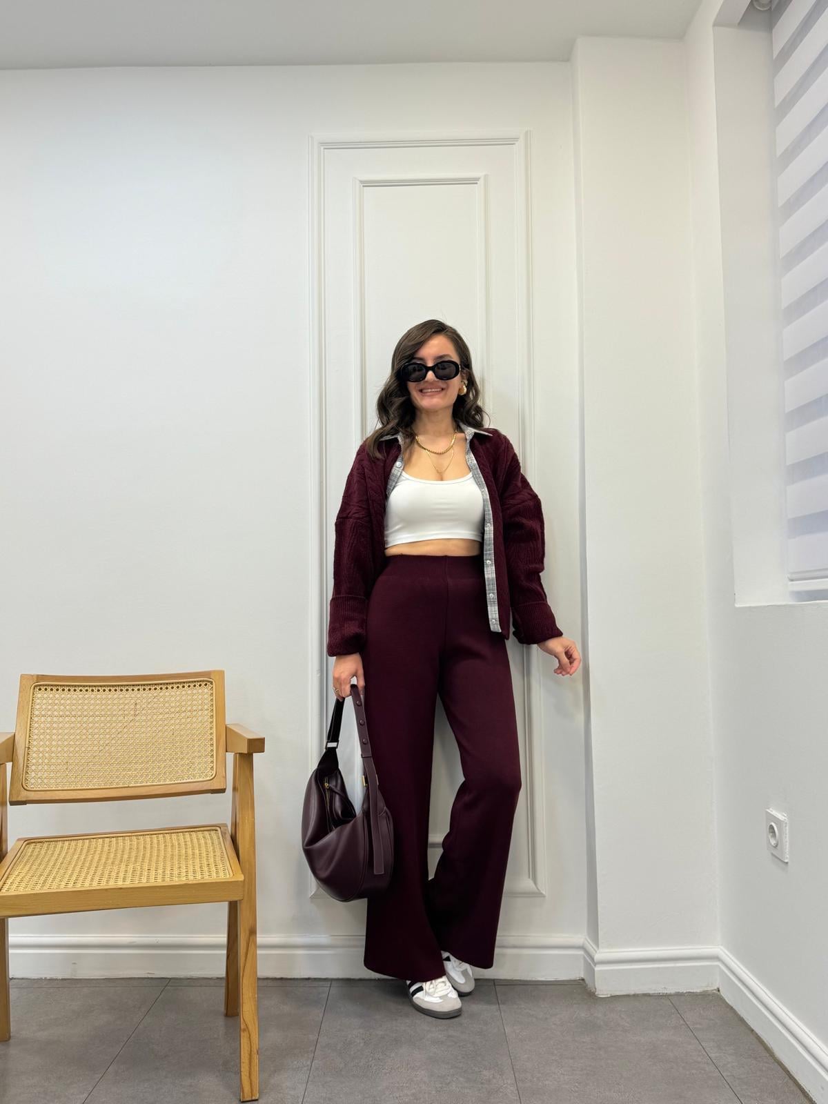 Bordo Beli Lastikli Salaş Triko Pantolon 5254