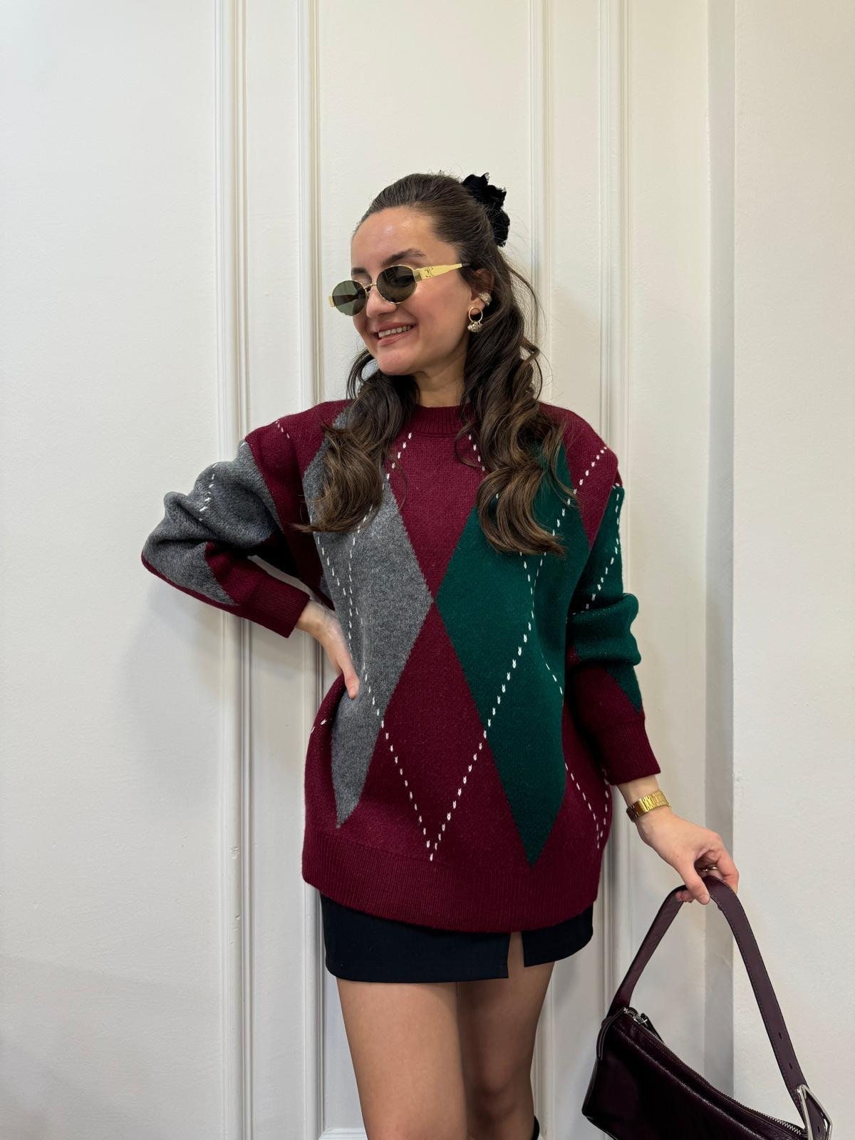 Bordo Bisiklet Yaka Baklava Desen Triko Kazak 24769