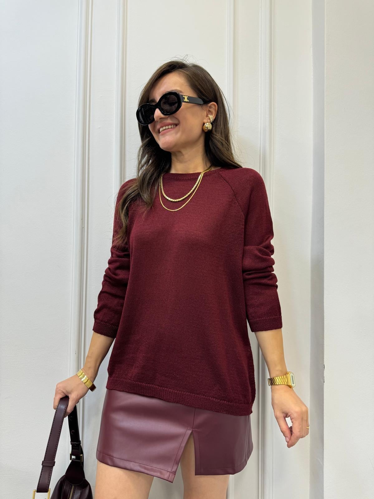Bordo Bisiklet Yaka Basic Triko Kazak 241067