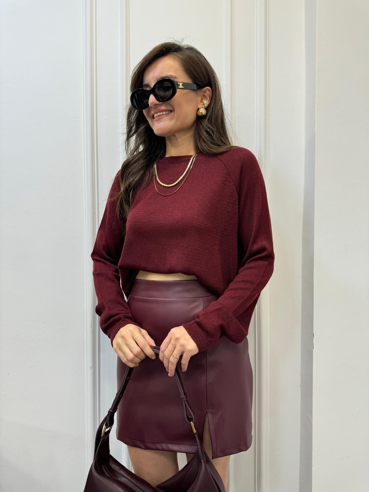 Bordo Bisiklet Yaka Basic Triko Kazak 241067