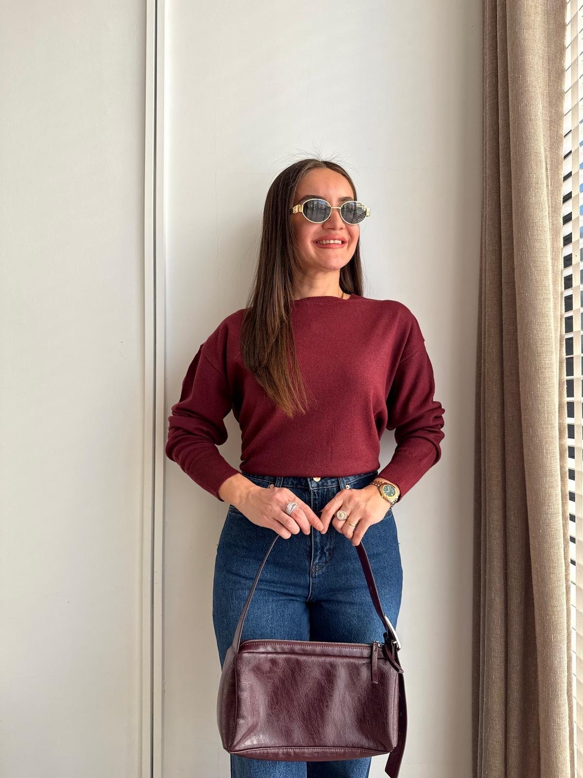 Bordo Bisiklet Yaka Basic Triko Kazak 10633