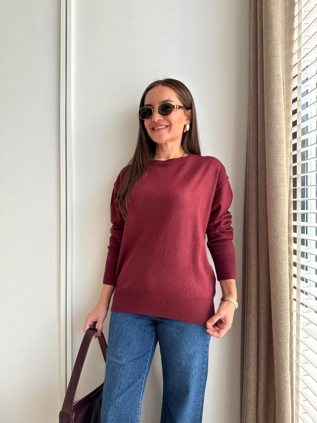 Bordo Bisiklet Yaka Basic Triko Kazak 10633