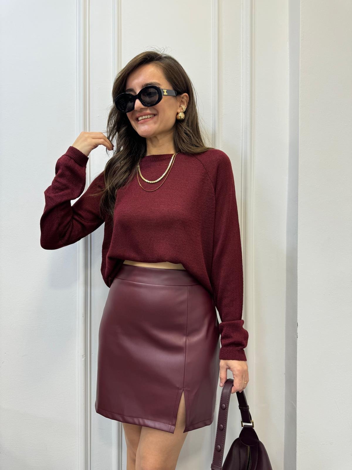 Bordo Bisiklet Yaka Basic Triko Kazak 241067
