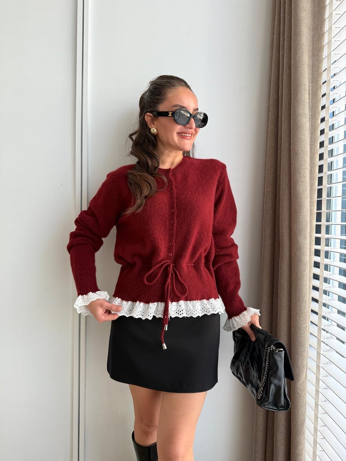 Bordo Bisiklet Yaka Dantel Detaylı Triko Hırka 75301
