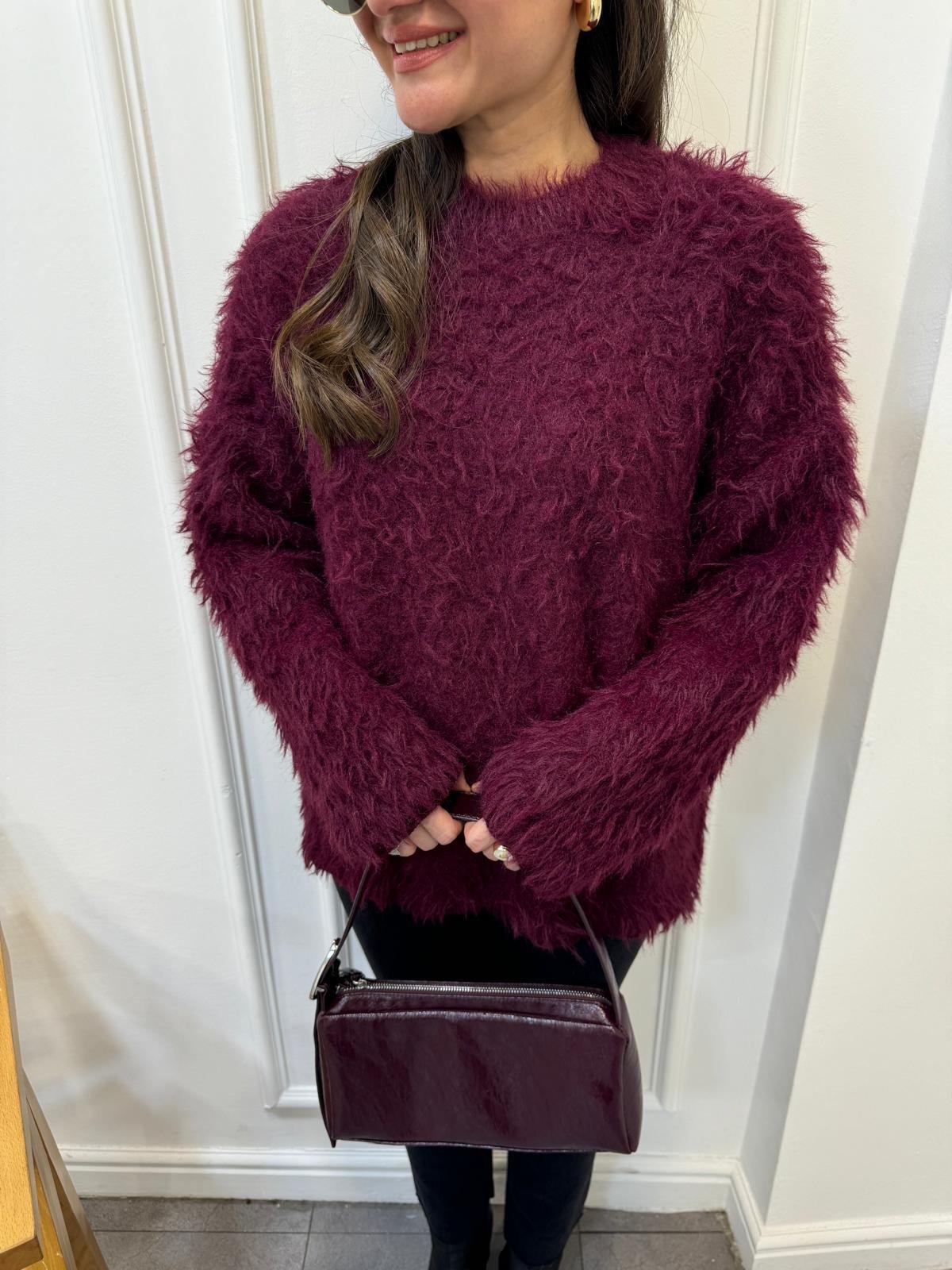 Bordo Bisiklet Yaka Peluş Triko Kazak 241205