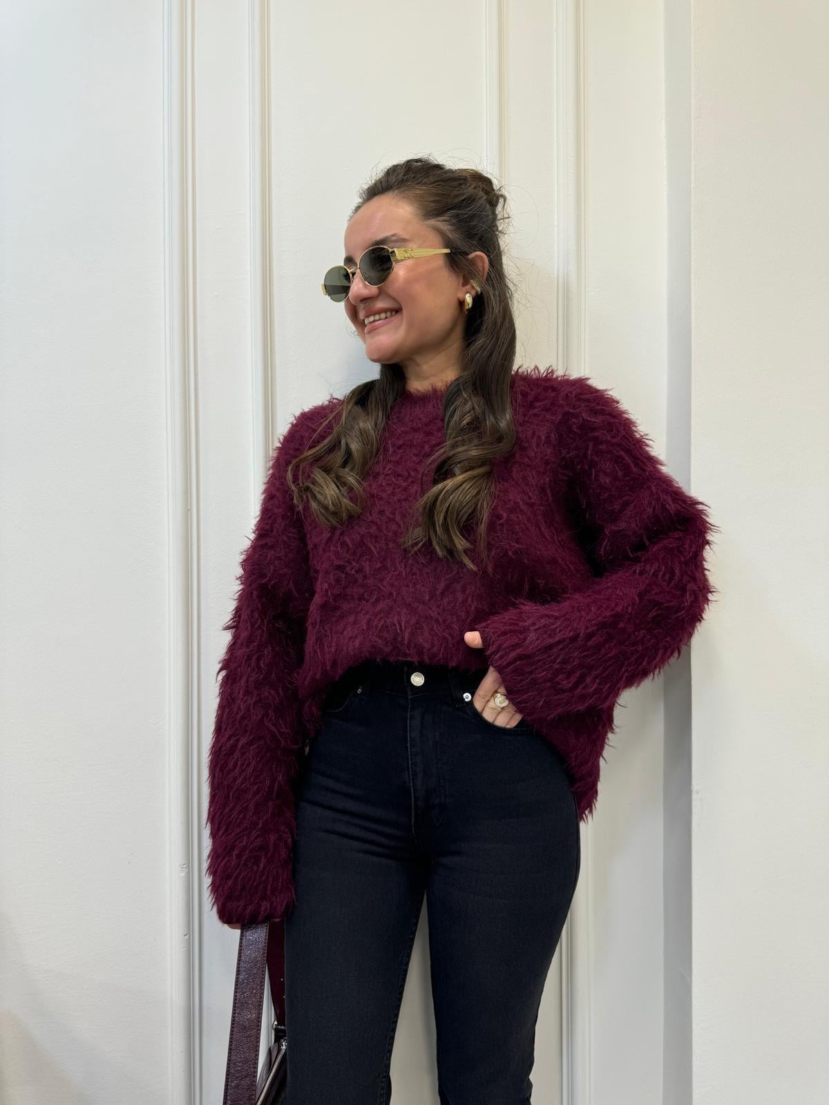 Bordo Bisiklet Yaka Peluş Triko Kazak 241205