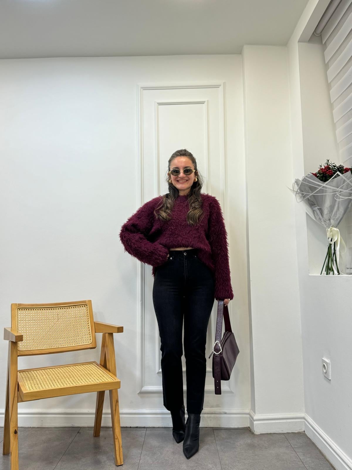 Bordo Bisiklet Yaka Peluş Triko Kazak 241205