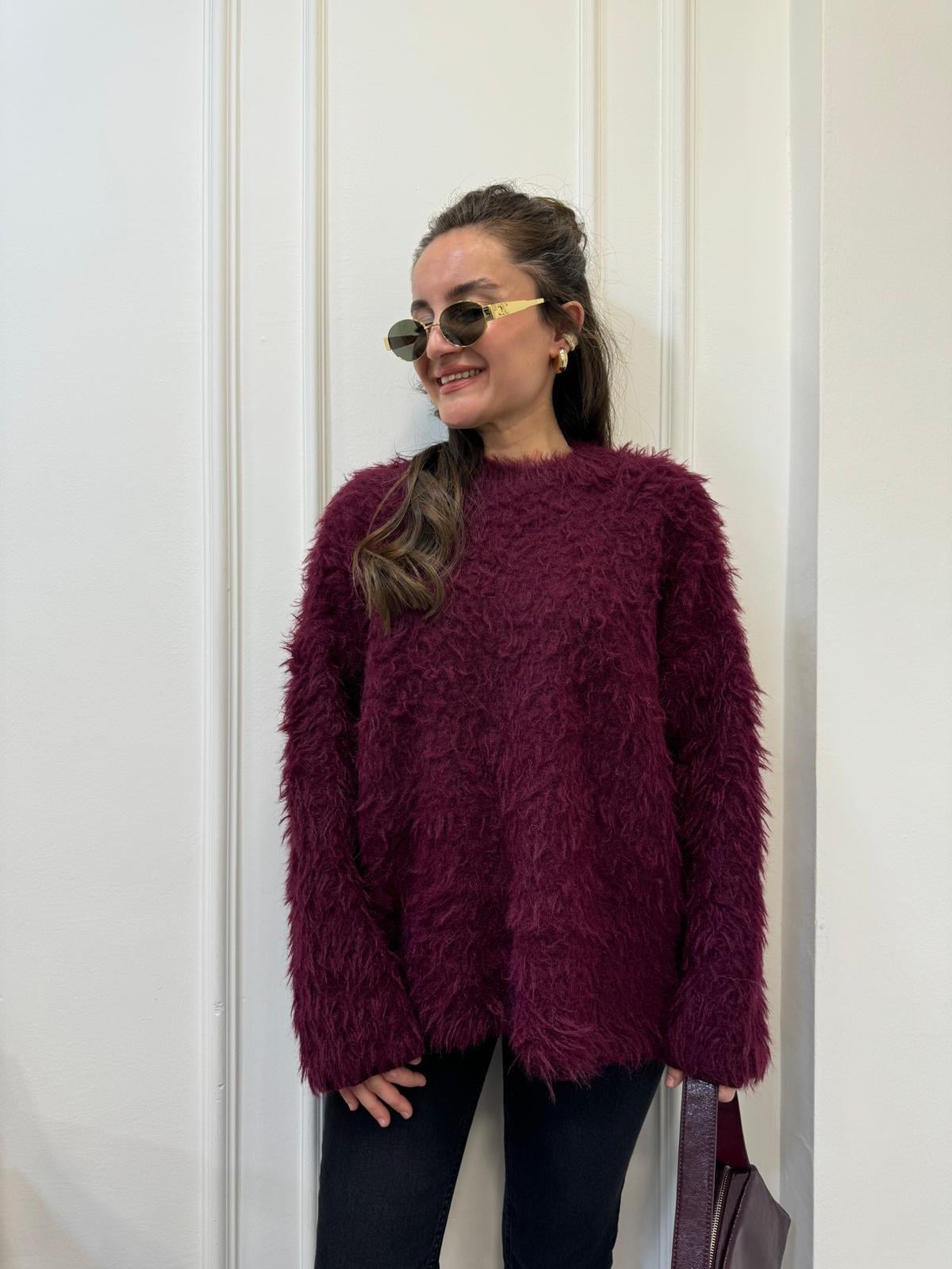 Bordo Bisiklet Yaka Peluş Triko Kazak 241205