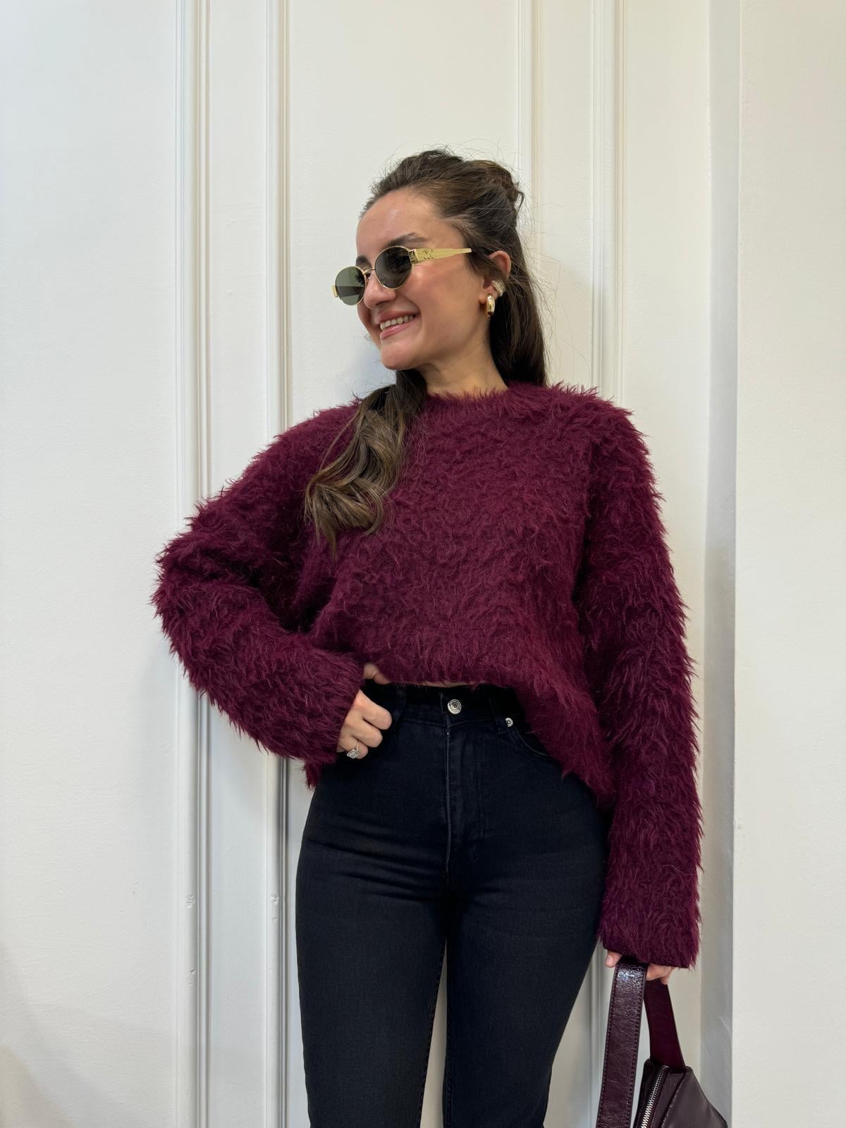 Bordo Bisiklet Yaka Peluş Triko Kazak 241205