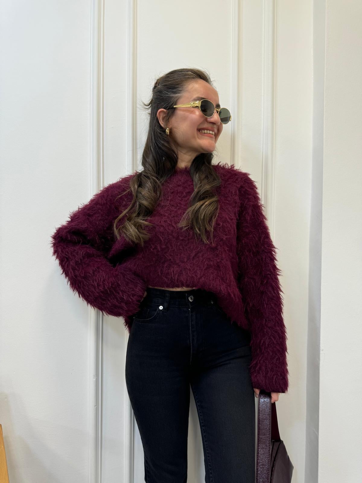 Bordo Bisiklet Yaka Peluş Triko Kazak 241205