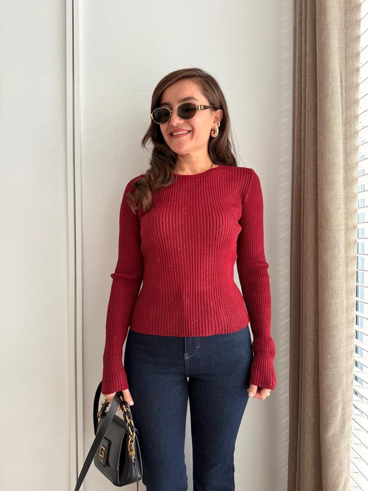 Bordo Bisiklet Yaka Pul Detaylı Fitilli Bluz 4798