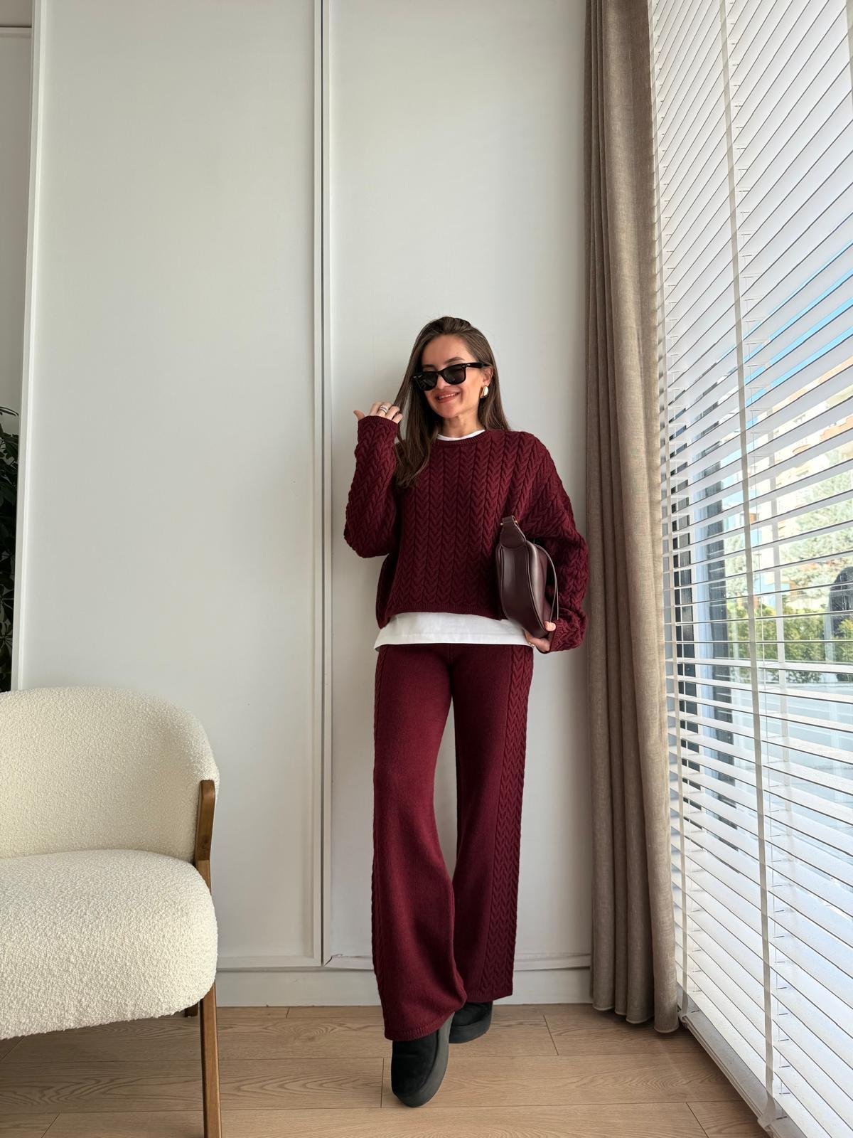 Bordo Bisiklet Yaka Saç Örgü Triko Takım 0989