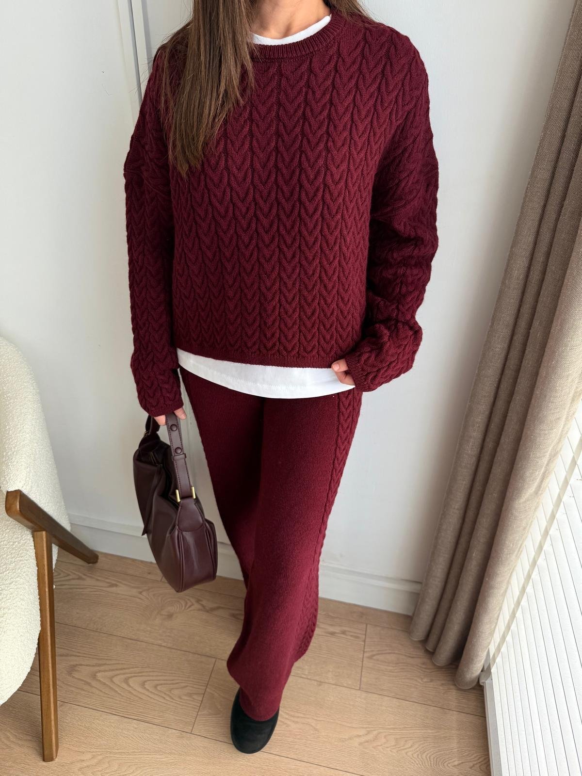 Bordo Bisiklet Yaka Saç Örgü Triko Takım 0989