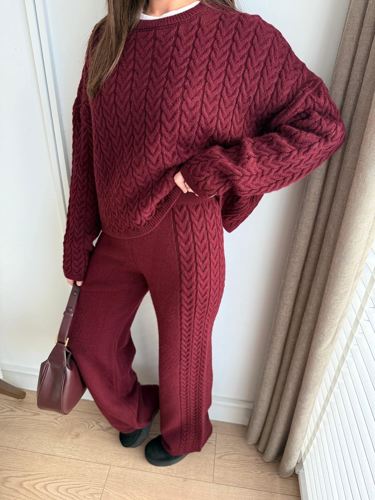 Bordo Bisiklet Yaka Saç Örgü Triko Takım 0989