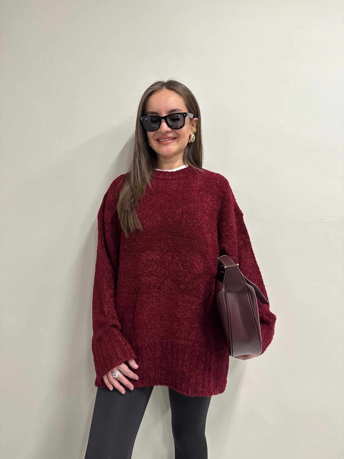 Bordo Bisiklet Yaka Teddy Triko Kazak 4531