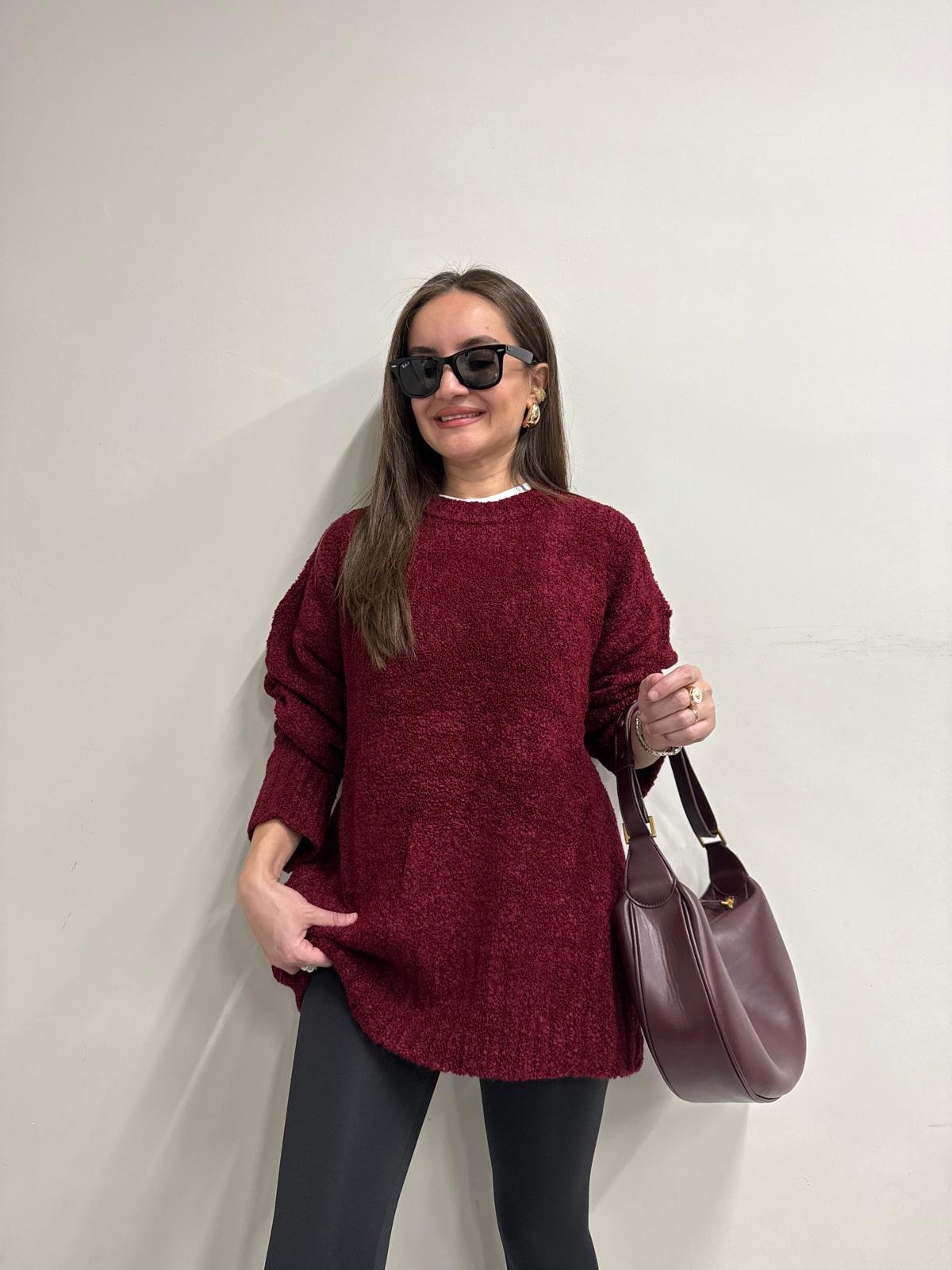 Bordo Bisiklet Yaka Teddy Triko Kazak 4531