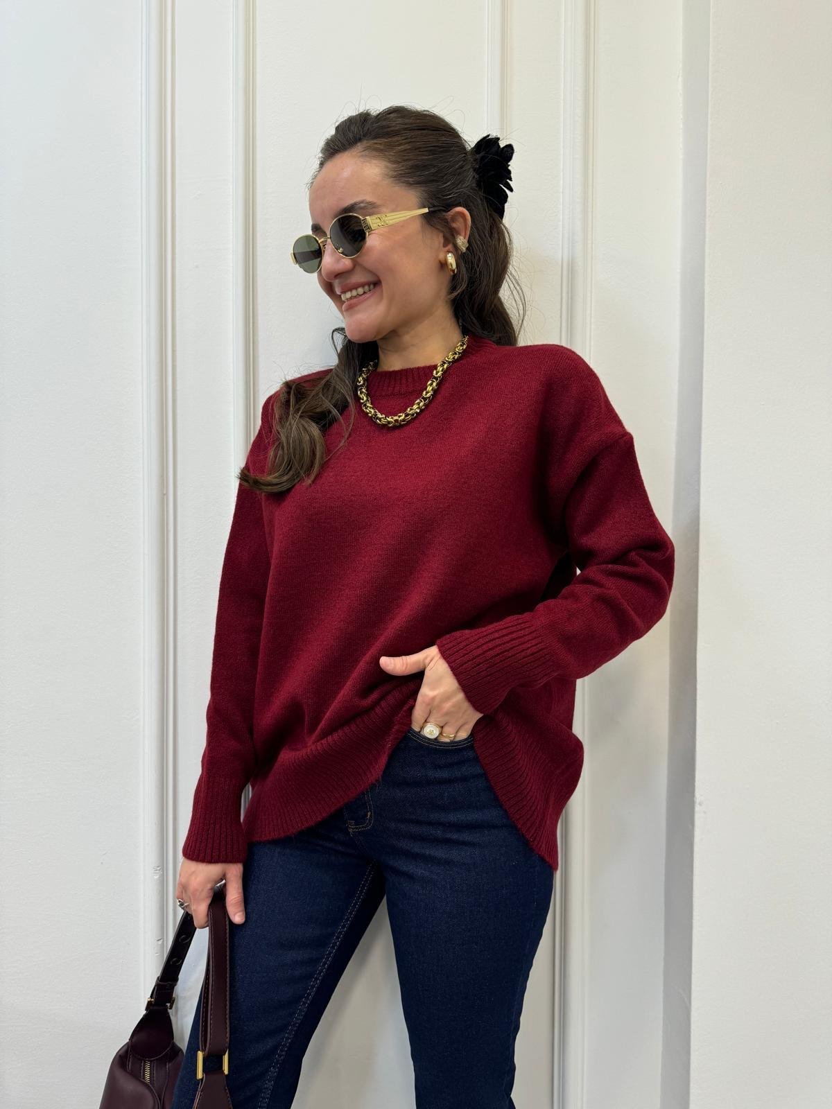 Bordo Bisiklet Yaka Triko Kazak 21766