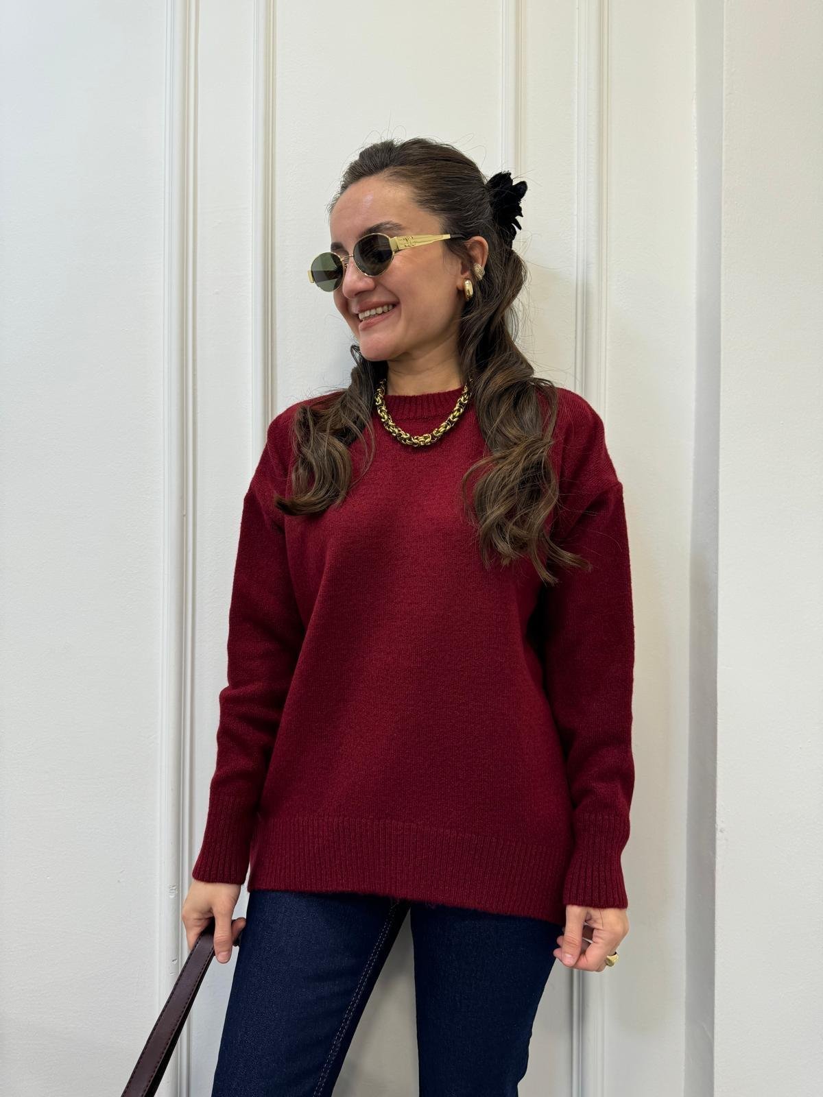 Bordo Bisiklet Yaka Triko Kazak 21766