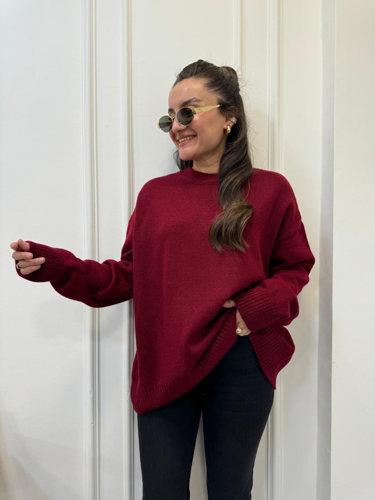 Bordo Bisiklet Yaka Triko Kazak 7654