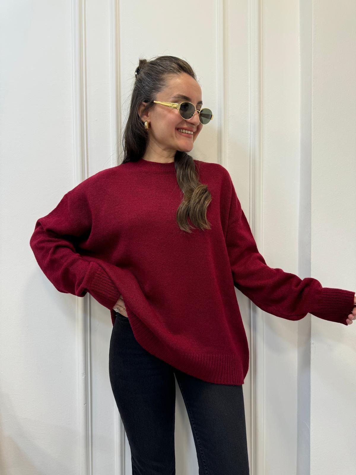 Bordo Bisiklet Yaka Triko Kazak 7654