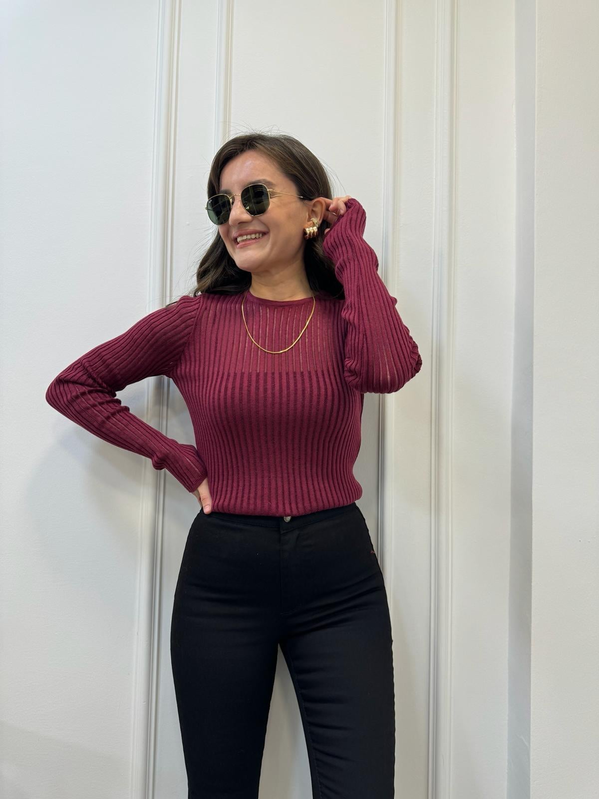 Bordo Bisiklet Yaka Tül Örgü Triko Bluz 0836