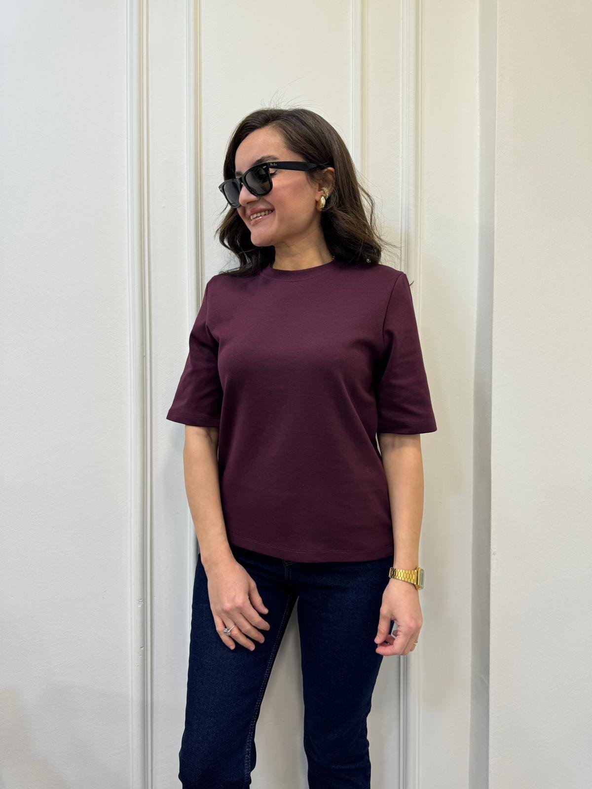 Bordo Bisiklet Yaka Vatkalı Basic Tshırt 241134