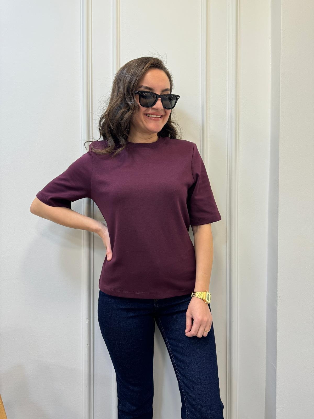 Bordo Bisiklet Yaka Vatkalı Basic Tshırt 241134
