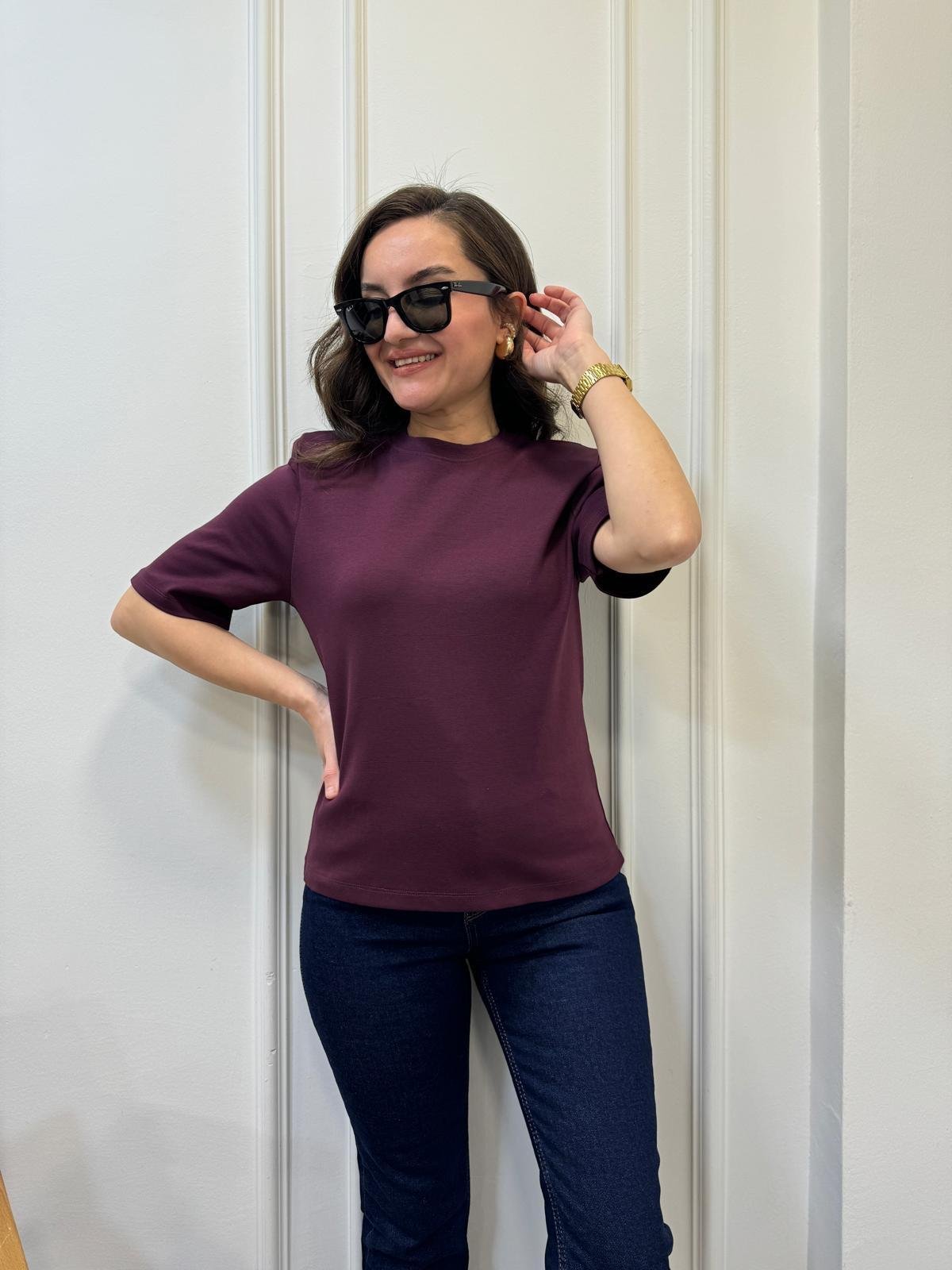 Bordo Bisiklet Yaka Vatkalı Basic Tshırt 241134