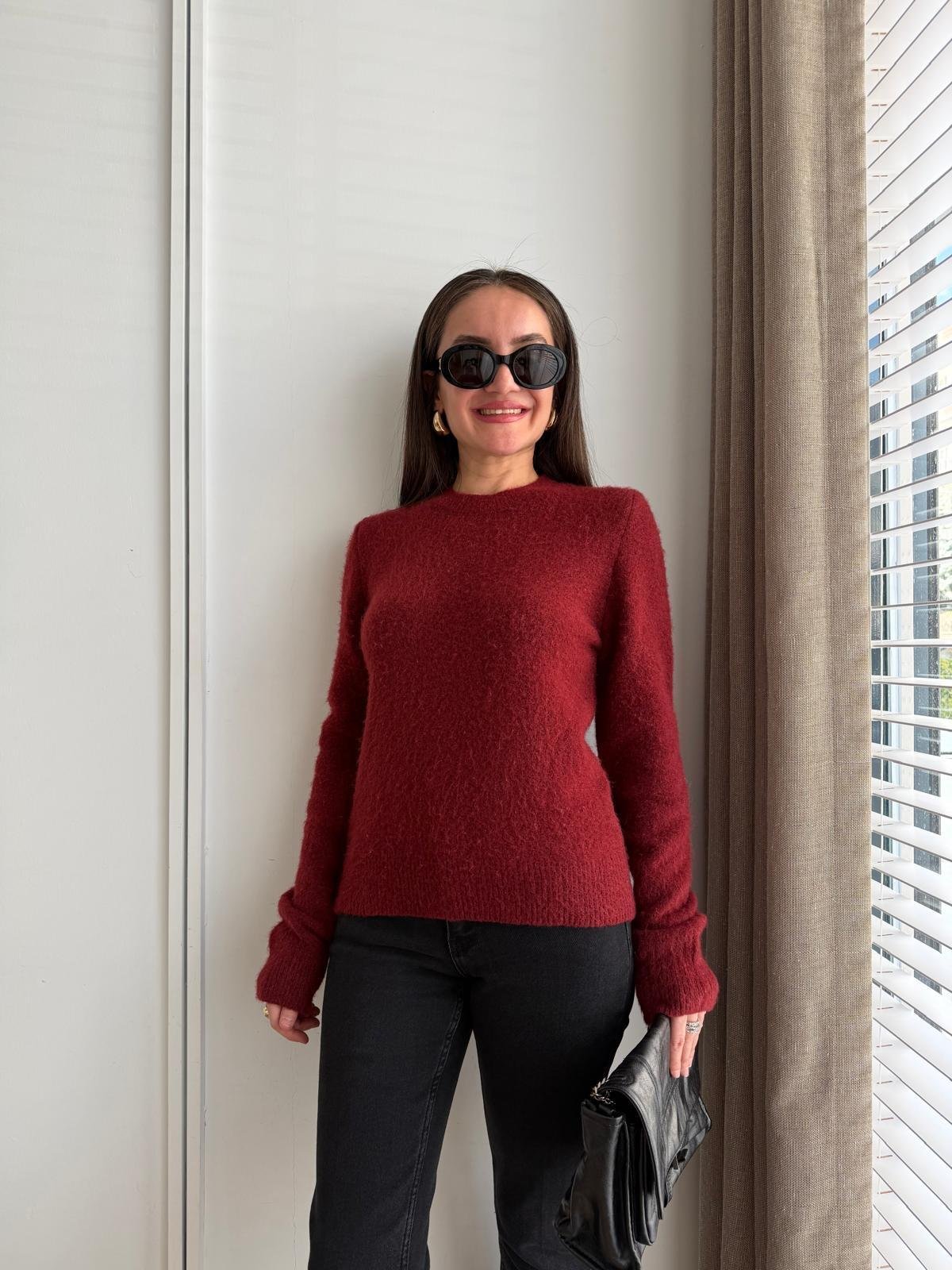 Bordo Bisiklet Yaka Yumoş Kazak 7728