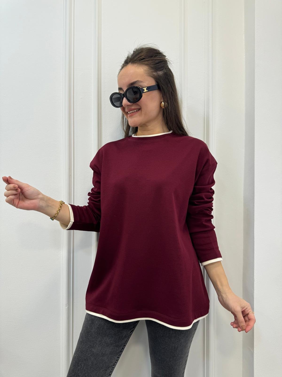 Bordo Biyeli Oversize Sweatshırt 241135