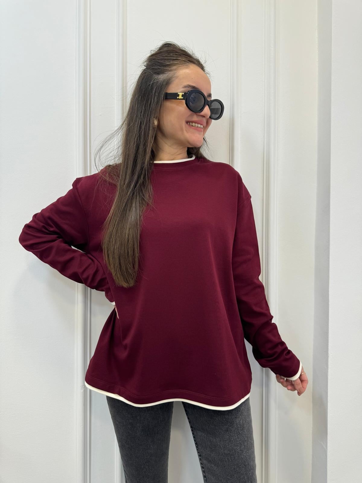 Bordo Biyeli Oversize Sweatshırt 241135