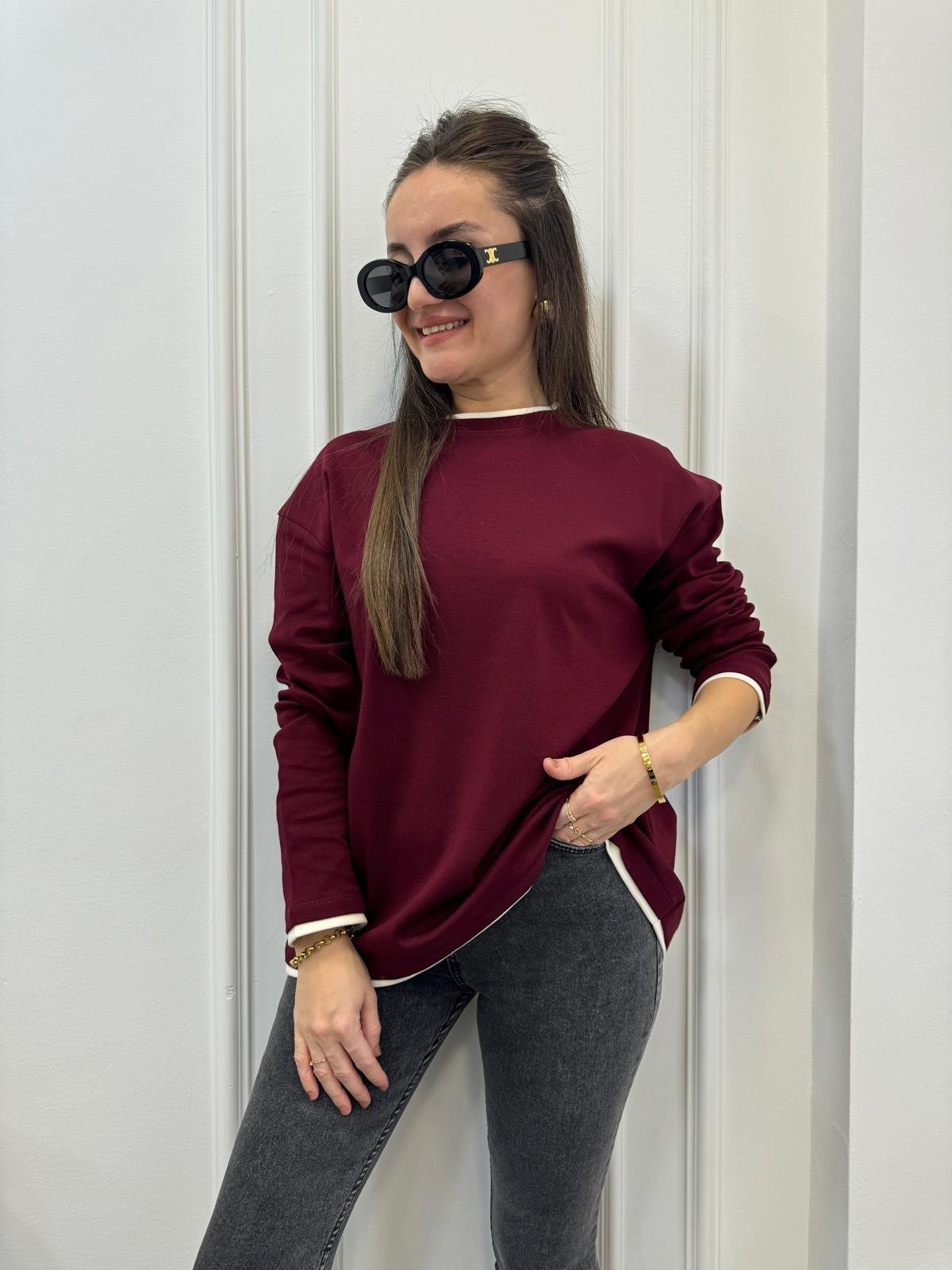 Bordo Biyeli Oversize Sweatshırt 241135