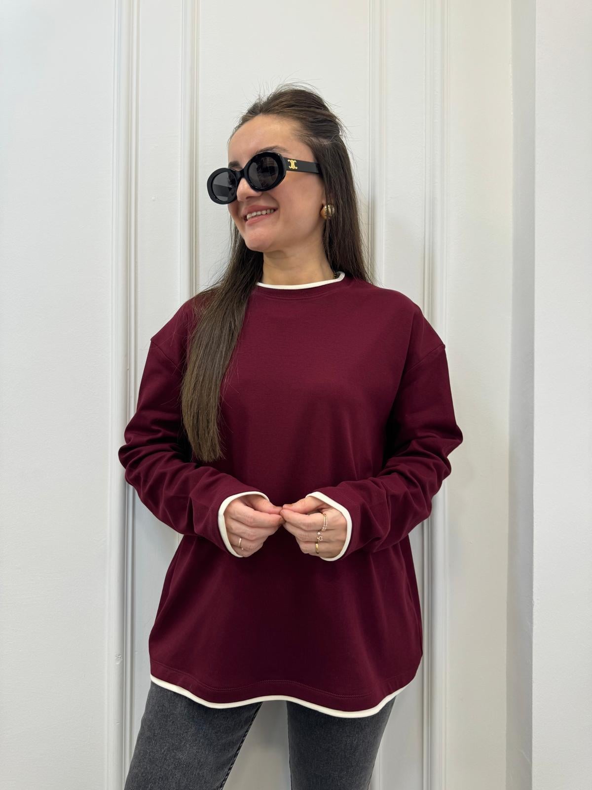 Bordo Biyeli Oversize Sweatshırt 241135